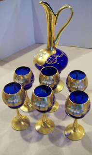 Italy Cobalt Blue Glass Set & Pitcher 24k Gold Enamel Perfect so 