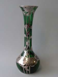 Alvin Silver Overlay Vase Emerald Green Art Nouveau  