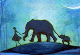 Animal Elephant & Girl Silhouette~Night Jungle Safari Watercolor 
