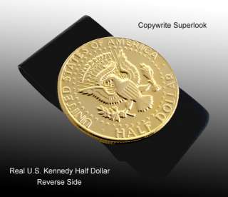 MONEY CLIP ~ Black With A U.S. Minted Real Half Dollar Coin Gold 