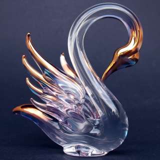 Swan Figurine Hand Blown Glass Gold Crystal Sculpture  