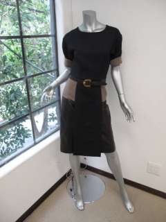 NWT Fendi Navy/Brown/Black Leather Panel Short Sleeve Dress W/ Belt 40 