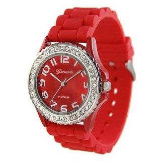 RED Silver Silicone Gel Band Crystal Bezel Womens Watch