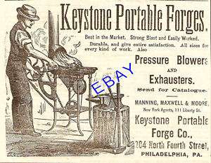 VERY OLD 1883 KEYSTONE PORTABLE BLACKSMITH FORGE AD  