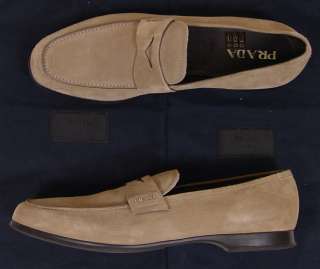 PRADA SHOES $565 LIGHT BROWN SUEDE LOGO ORNAMENTED PENNY LOAFER 12D 