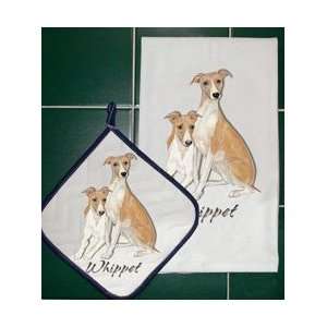  WHIPPET DOGS POTHOLDER AND KITCHEN TOWEL GIFT SET 