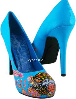 Womens Ed Hardy Sky Blue Tiger Haute Pumps Heels Shoes  