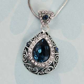   Blue Vintage Style Crystal Teardrop Diamond Necklace Pendant  