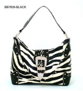 New Western Rhinestone Belt Buckle Zebra Purse Hobo Handbag Black Bag 