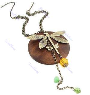 Retro Logs Vintage Round Wooden Dragonfly Long Sweater Chain Pendant 