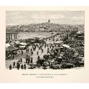 1894 Print Galata Bridge Constantinople Ottoman Empire Tower Golden 