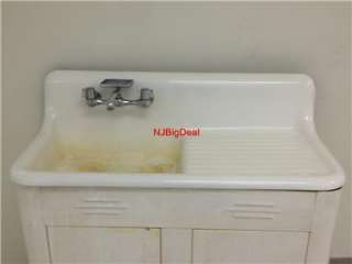 VINTAGE KITCHEN SINK WITH CABINET WHITE PORCELAIN CAST IRON AND STEEL 