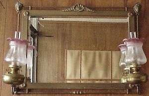 Antique Fireplace Mantel Mirror w John Scott Oil Lamps  