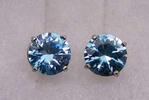   BLUE ZIRCON stud earrings 14k WHITE GOLD screwbacks diamond cut  