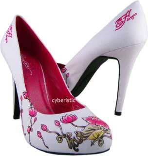 Womens Ed Hardy White Flower Haute Pumps Heels Shoes  