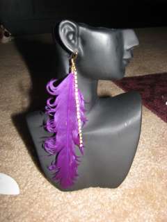 New Ex Long Curly Feather Earrings with Rhinestone Chain  