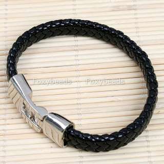 Mens Black PU Leather Braid Bracelet Wristband Cuff  