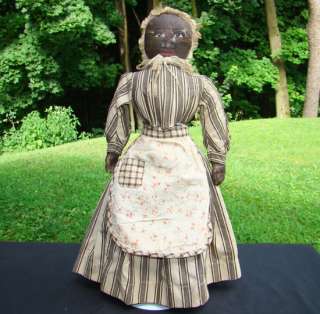 C1900 20 Primitive Oil Painted Face Black Cloth Doll Brown Striped 