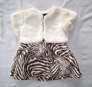NWT Baby Gap Roman Getaway Zebra Bow Dress & Faux Fur Shrug Ivory Set 
