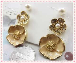   Gold Plated Enamel Flower Imitation Pearl Ear Stud Fashion Earring Set