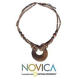 Coconut Shell Crescent Moon Long Necklace (Thailand)  