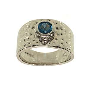   Hammered Band Fashion Ring with Bezel Set Genuine Blue Zircon Size 8