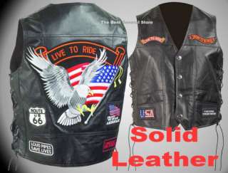 Solid Leather Motorcycle Vest with Live To Ride Patches  
