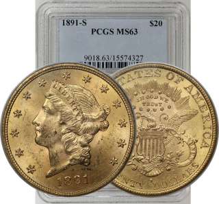 1891 S $20 GOLD DOUBLE EAGLE LIBERTY COIN PCGS MS63  