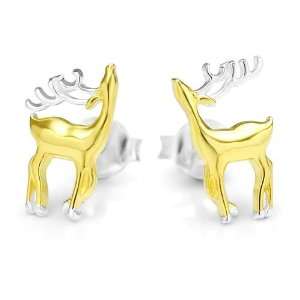 925 Sterling Silver 18K Gold Plated Little Reindeer Deer Two Tone Post 