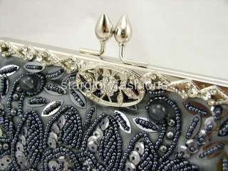 Silver Gray Beaded Sequin Evening Clutch Crystal Frame  