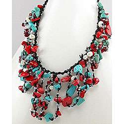 Cotton Waterfall Turquoise and Coral Cluster Necklace (Thailand 