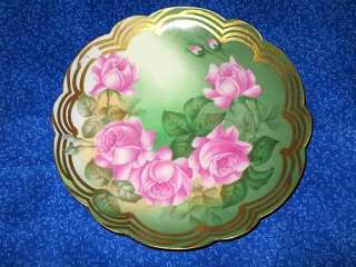 Hand Painted Antique China Cabinet / Wall Plate Flowers Gold Leaf 