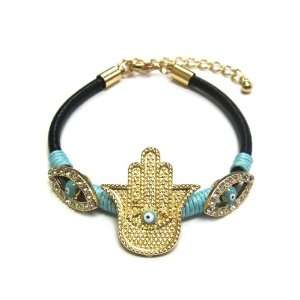  Black Leather Cord Golden Hamsa Bracelet with Crystals and 