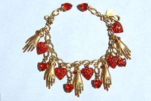 Askew London Gold Red Crystal Hands Hearts Bracelet  