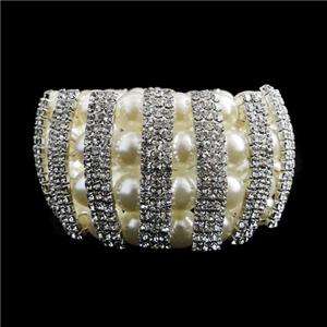 Wedding Faux Pearl Stretch Bracelet Swarovski Crystal Beaded Clear 