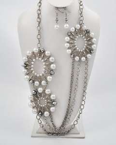 CHUNKY LONG WHITE PEARL ROUND BEAD STATEMENT NECKLACE  