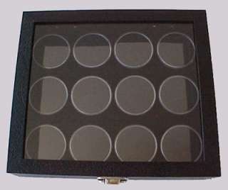   DISPLAY CASE WITH A GLASS LID AND INCLUDES 12 BLACK LARGE GEM JARS