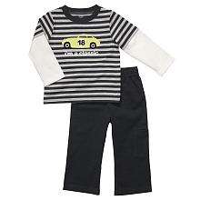 Carters Boys 2 Piece Stripe Crew with Car Knit Pant Set   Charcoal 