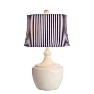  White Table Lamp With Round Navy Striped Shade