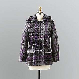 Womens Hooded Plaid Peacoat  Outer Edge Clothing Womens Outerwear 