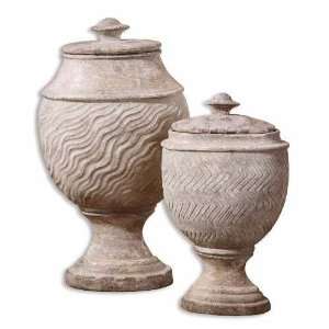   Ivory Finish Decorative Ceramic Urns   Set of Two