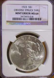 1923 Silver Peace Dollar NGC MS 64 Vam Mint Strike Error US Coin Free 