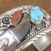 Native American Navajo Sterling Silver Turquoise Coral XL Mens Cuff 