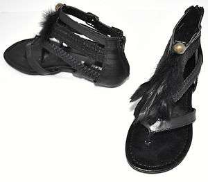 City Classified Gallon Feather Gladiator Thong Sandal Black Leather 