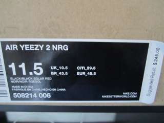 Nike Air Yeezy 2 NRG Black Solar Red Kanye sz 11.5 NIB 508214 006 