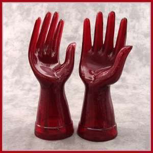RUBY RED GLASS MANNEQUIN JEWELRY RING DISPLAY HANDS  