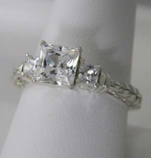 00 CTW PRINCESS CUT 3 STONE ENGRAVED ENGAGEMENT RING .925 STERLING 