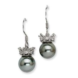 JewelryWeb Sterling Silver Grey Syn. Pearl and CZ Crown Earrings