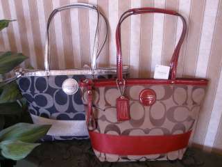  Signature Stripe Tote Bag Handbag Purse F17433 Denim Red FREE S&H