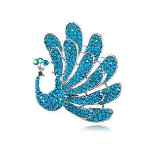   Stunning Blue Crystal Rhinestone Feathered Peacock Bird Pin Brooch
